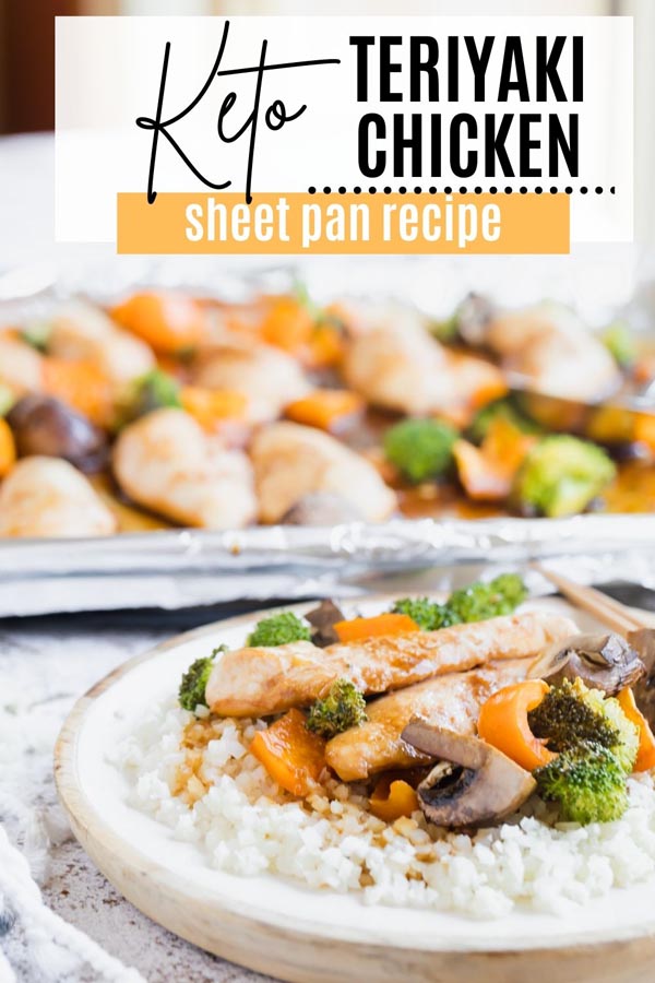 Keto sheet pan teriyaki chicken sitting on a plate - Pin it