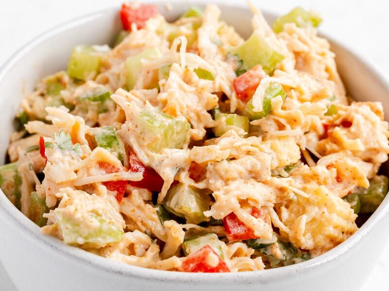 Creamy Southwest chicken salad with shredded chicken, celery, red bell pepper and cilantro.
