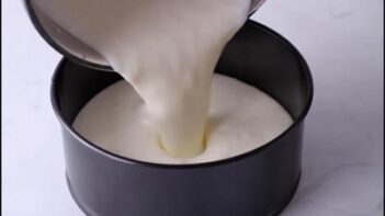 The creamy white agar base layer being poured into a springform pan.