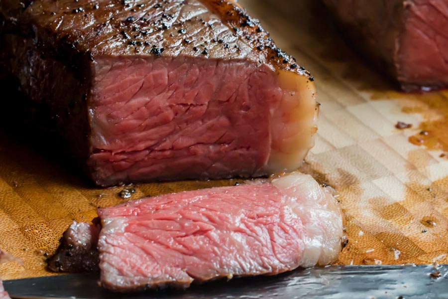 close up of sliced steak