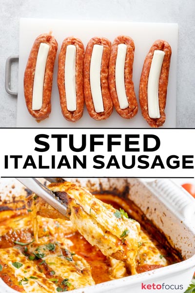 top picture shows five sausages stuffed with a white cheese stick, bottom photo is pulling out a baked sausage with cheesy melted on top