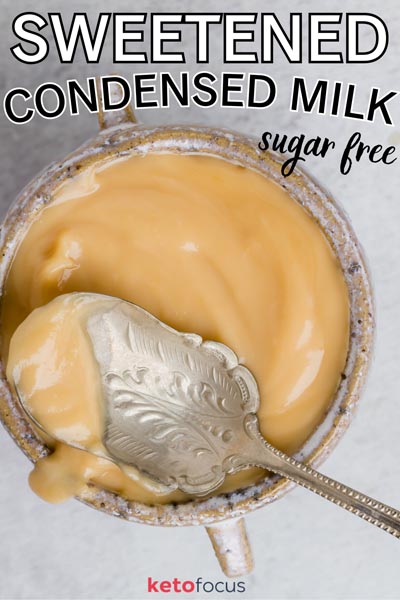 A bowl filled with sugar free sweetened condensed milk has a spoon rest on top.