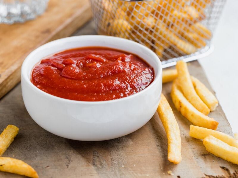 Bowl of sugar-free ketchup on a wooden board with fries and a basket of fries.