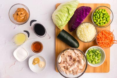 All the ingredients for thai chicken salad prepped.