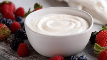 A bowl with a creamy dip swirled in and fruit scattered around.
